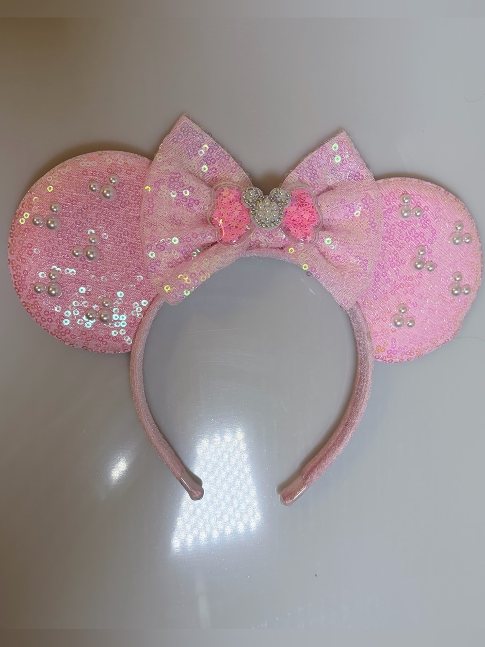 Pink Sequin and Pearl Minnie Ear Headband with Bow